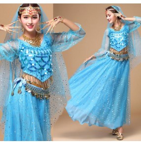 Turquoise sky blue royal blue fuchsia hot pink yellow violet purple red indian women's ladies competition performance silk belly dance costumes dresses set outfits 